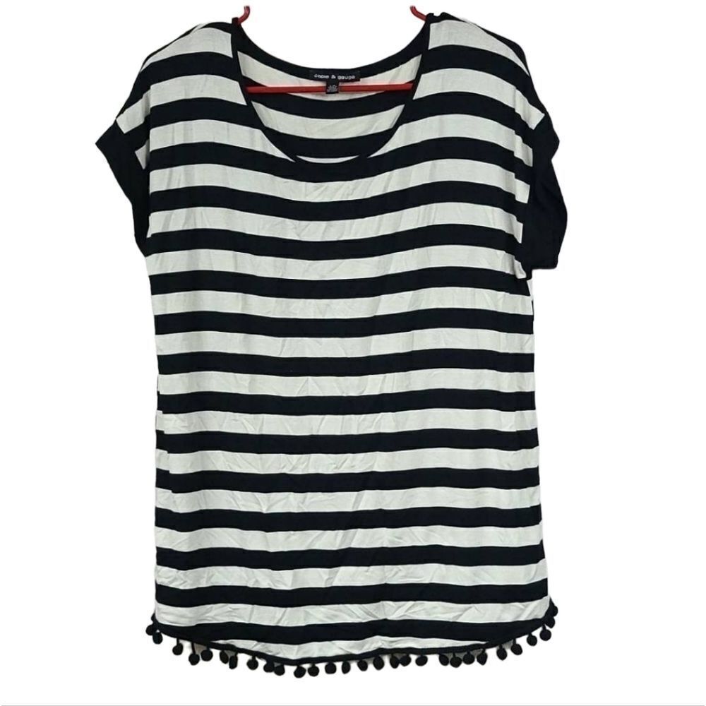 Black White Stripe Top Large Cable & Gauge Pom Detail Soft Luxe Chic Dolman Tee - Picture 2 of 10